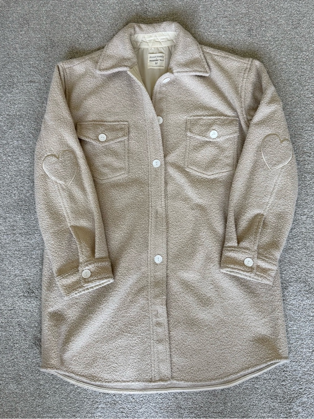 Jackson Rowe Cream Teddy Shacket with Heart Elbow Patches